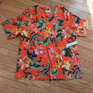 Chico's Vibrant Orange Tropical Floral V-Neck Tee